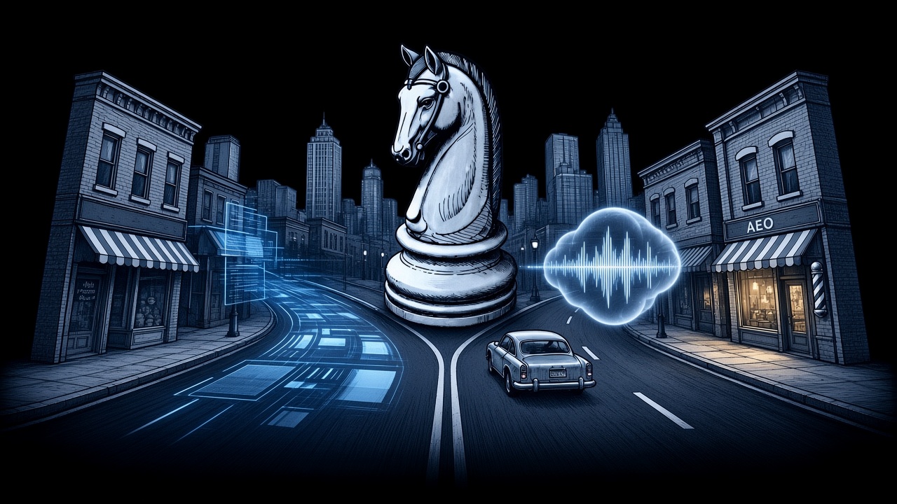 Blue-ink illustration of a city street forking between a traditional search-results list labeled SEO and an AI answer path labeled AEO, with a chess knight at the intersection.