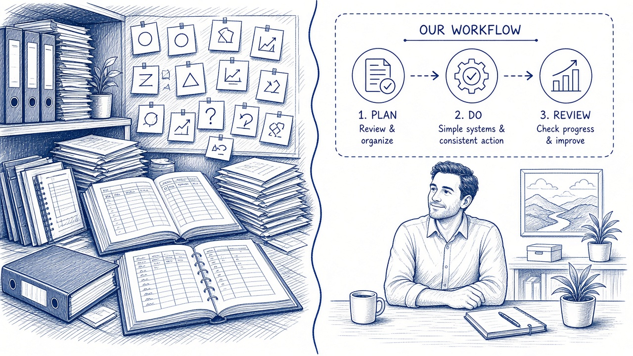 Blue-ink diagram showing clean customer data and clear process steps as the foundation under AI tools for a small local business.