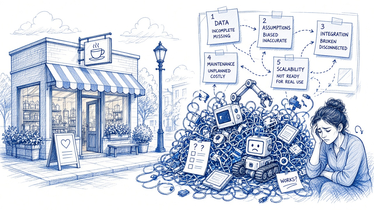 Blue-ink illustration of a local storefront tangled in half-built AI gadgets while the owner looks overwhelmed.
