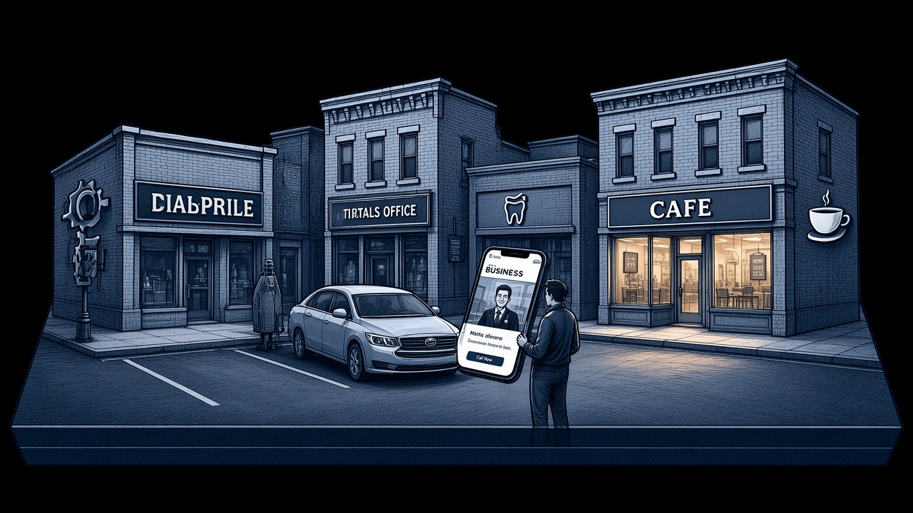 Blue-ink illustration of a customer in a parking lot abandoning a cluttered local business website on their phone while a competitor storefront stays lit.