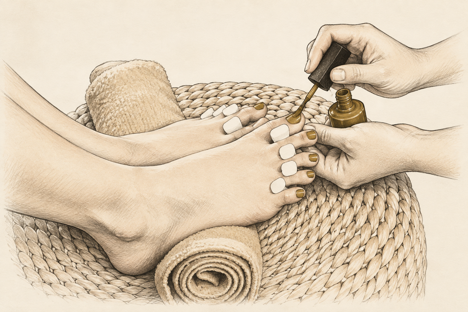 Ink drawing of a pedicure.