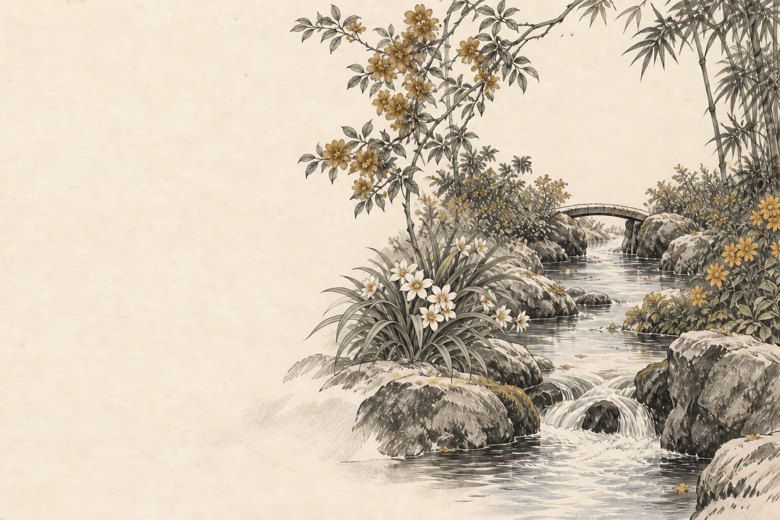A quaint Vietnamese garden with soft, bright flowers and a stream running through it. In the distance, a small creek bridge is just wide enough for one person to cross.